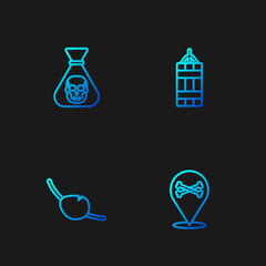 Set line Location pirate, Pirate eye patch, coin and Dynamite bomb. Gradient color icons. Vector