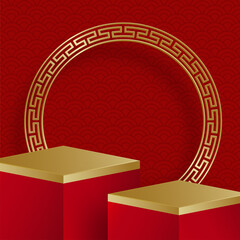 3d Podium round, square box stage podium and paper art Chinese new year,Chinese Festivals, Mid Autumn Festival, red paper cut, fan, flower and asian elements with craft style on background.