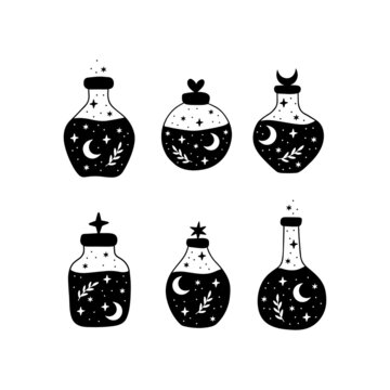 Cartoon magic potion or elixir collection. Bottle silhouette with witch brew, moon. Alchemy poster design. Mystic jar illustration isolated on white. Hand drawn witchcraft symbols vector illustration