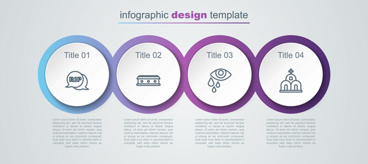 Set line Speech bubble rip death, Coffin with cross, Tear cry eye and Church building. Business infographic template. Vector