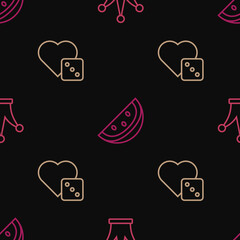 Set line Joker playing card, Game dice and Casino slot machine with watermelon on seamless pattern. Vector