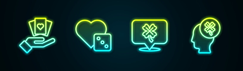 Set line Hand holding playing cards, Game dice, Casino slot machine with clover and . Glowing neon icon. Vector