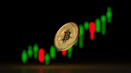 Bitcoin moneta w tle wykresy świecowe giełda kryptowalut - obrazy, fototapety, plakaty
