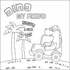 Cute dinosaur driving a car go to forest funny animal cartoon. Childish design for kids activity colouring book or page.