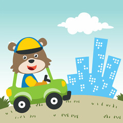 Obraz na płótnie Canvas Vector cartoon of funny bear driving car in the road. Can be used for t-shirt printing, children wear fashion designs, baby shower invitation cards and other decoration.