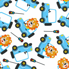 Seamless pattern of funny lion driving car in the road. Creative vector childish background for fabric, textile, nursery wallpaper, poster, card, brochure. and other decoration.