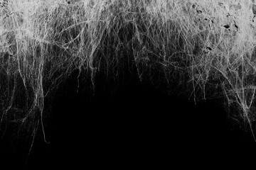 Creepy hanging spider web or cobweb on black, top border. Spooky Halloween or gothic background. - 464157277
