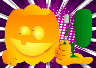 Decorative pumpkin for Halloween holding toothbrush as a cartoon character with face. Vector Illustration.