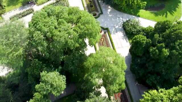 Aerial of St. George City Park in Dobrich, Bulgaria. City and Dobrich TV Tower in background.