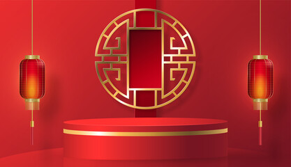 3d Podium round, square box stage podium and paper art Chinese new year,Chinese Festivals, Mid Autumn Festival, red paper cut, fan, flower and asian elements with craft style on background.