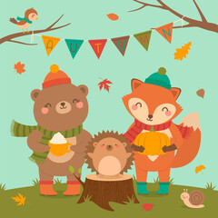 Cute bear, fox, hedgehog, bird, snail cartoon illustration with falling leaves background.