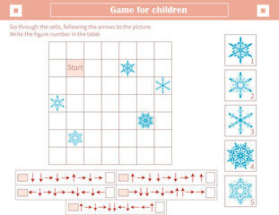  A game for children. Development of spatial thinking. Go through the cells, following the arrows to the picture. Mark the figure number in the table