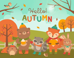 Obraz na płótnie Canvas Cute woodland animals cartoon with autumn scene for greeting card design template.