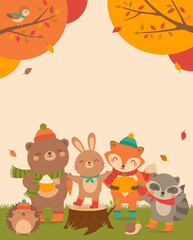 Cute woodland animals cartoon with autumn scene for greeting or invitation card design template.