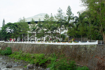 View of river and trees with buildings behind trees