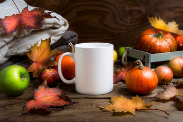 Coffee mug mockup thanksgiving with fall leaves, pumpkins