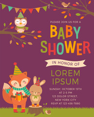 Cute woodland cartoon animals illustration for baby shower invitation card template.