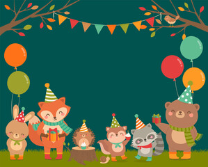 Cute woodland cartoon animals illustration with copy space for kids party invitation card template.