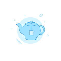 Teapot with tea bag flat vector icon. Kitchen utensil. Filled line style. Editable stroke