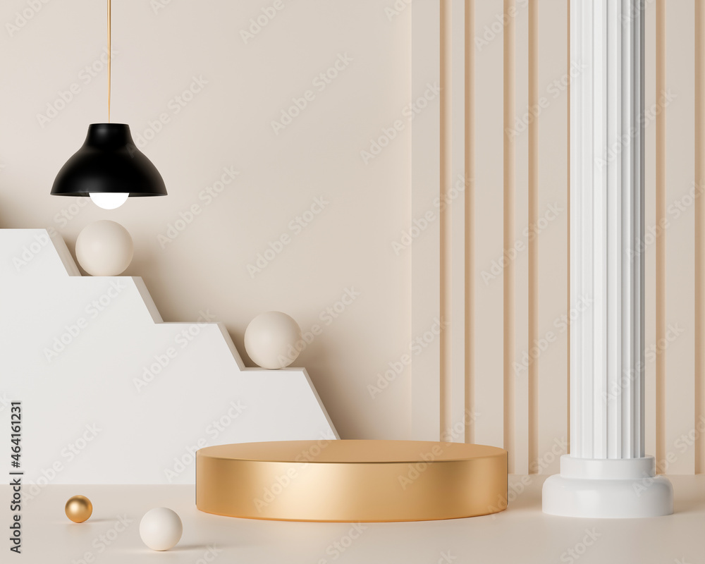 Poster 3d rendering empty cylinder podium bright background. abstract geometric composition scene for produ
