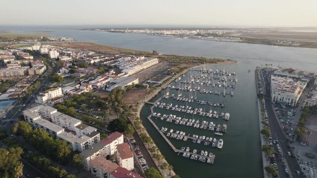 Ayamonte Marina and Guadiana River, Huelva, Spain. Scenic aerial view 