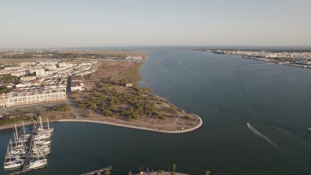 Calm Guadiana River and Ayamonte Marina, Huelva, Spain. Aerial panoramic view 