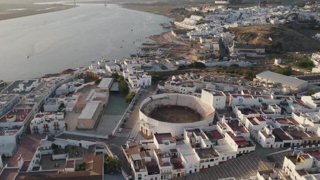 Moorish style Plaza de Toros Bullring in Ayamonte Huelva Spain. Aerial view 