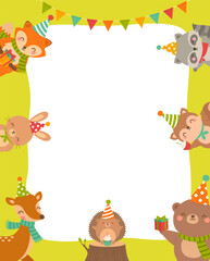Border of cute woodland cartoon animals for kids party invitation card template.