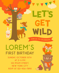 Cute woodland cartoon animals and tree illustration with copy space for kids party invitation card template.
