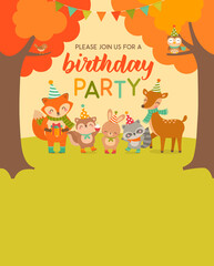 Cute woodland cartoon animals with copy space for kids party invitation card template.