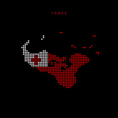 Square dots pattern map of Tonga. Dotted pixel map with flag colors. Vector illustration