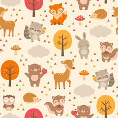 Obraz premium Cute woodland animals seamless pattern background.