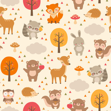 Cute woodland animals seamless pattern background.