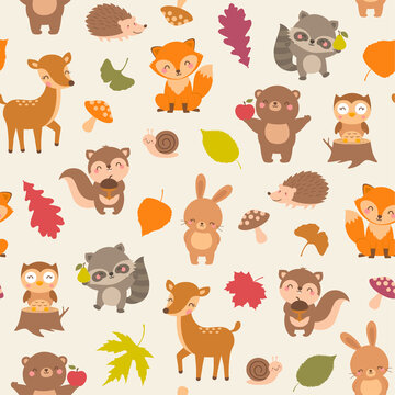 Cute woodland animals with autumn leaf seamless pattern background.