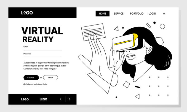 website banner line art vector illustration of women in wirtual reality using virtual user interface