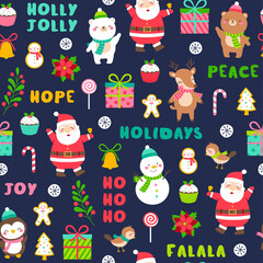 Fototapeta premium Cute teddy bear, polar bear, snowman, penguin, reindeer, santa claus and decorative elements pattern for christmas and new year background.