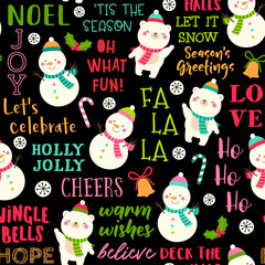 Cute snoman, polar bear and fun typography with christmas elements seamless pattern background.