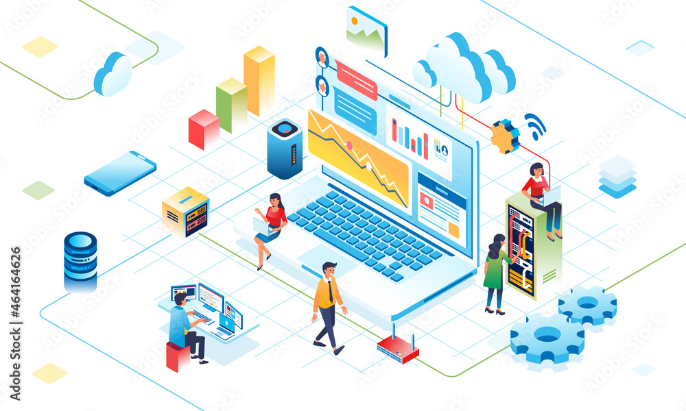Aufkleber isometric illustration of cloud digital activity on internet, metaphor of people working in cloud sy