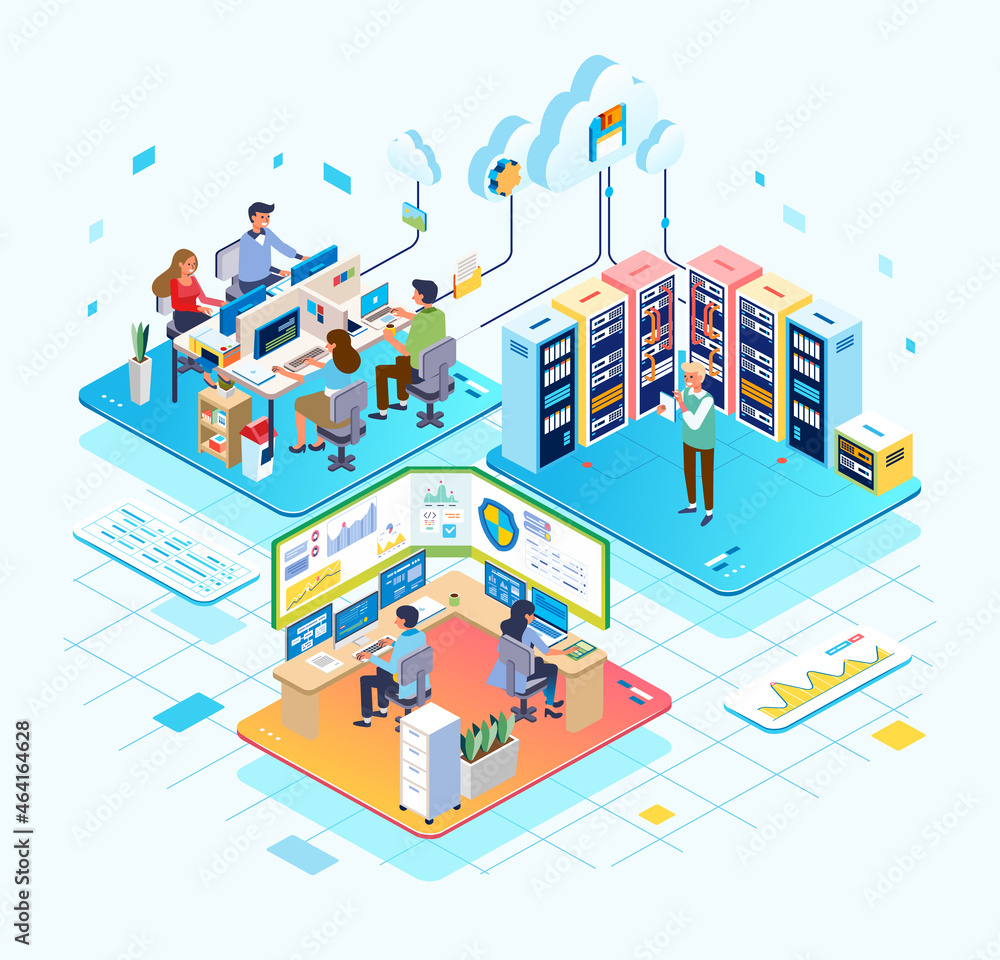 Aufkleber isometric illustration of cloud service database control, administrator working on database control 