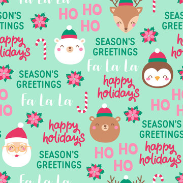 Cute santa claus and animals with fun typography  seamless pattern background.