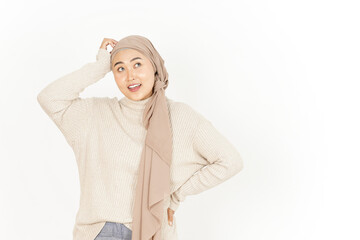 Thinking and confused of Beautiful Asian Woman Wearing Hijab Isolated On White Background