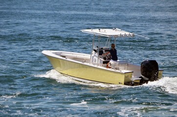 Open sport fishing boat with canopied center console