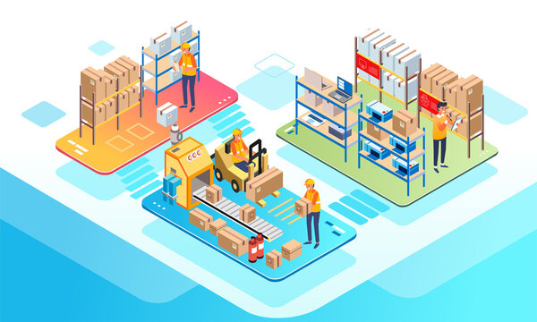 Isometric illustration of warehouse activity, worker checking goods stock and sort them for delivery