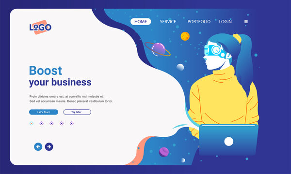 website banner for start up business technology, women using VR glasses and working on laptop vector illustration