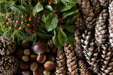 Background of natural decorative Christmas ornaments arranged in order.