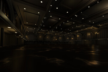 Empty convention hall center .The backdrop for exhibition stands,booth elements. Meeting room for the conference.Big Arena for entertainment,concert,event. ballroom.3d render.