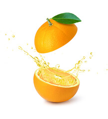 orange fruit with orange juice splash isolated on white background	