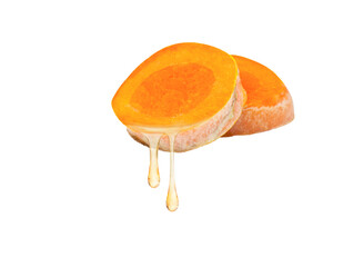 Turmeric (Tumeric, curcumin, Curcuma longa Linn) slice with extracted essential oil drop dripping...
