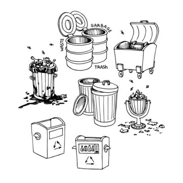 a set of garbage cans, waste bins, a dirty dump with flies, vector illustration with contour lines in black ink isolated on a white background in a doodle and hand drawn style
