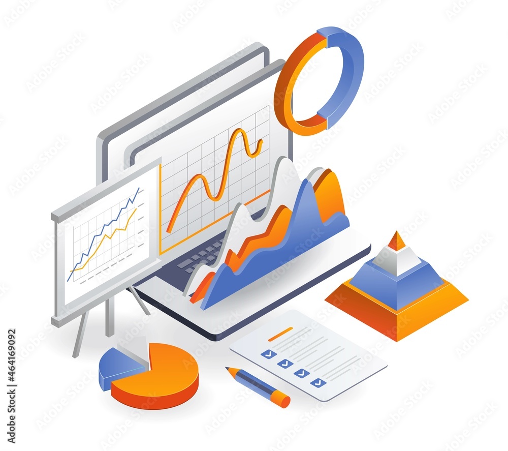 Poster laptop with data analytics and business plan